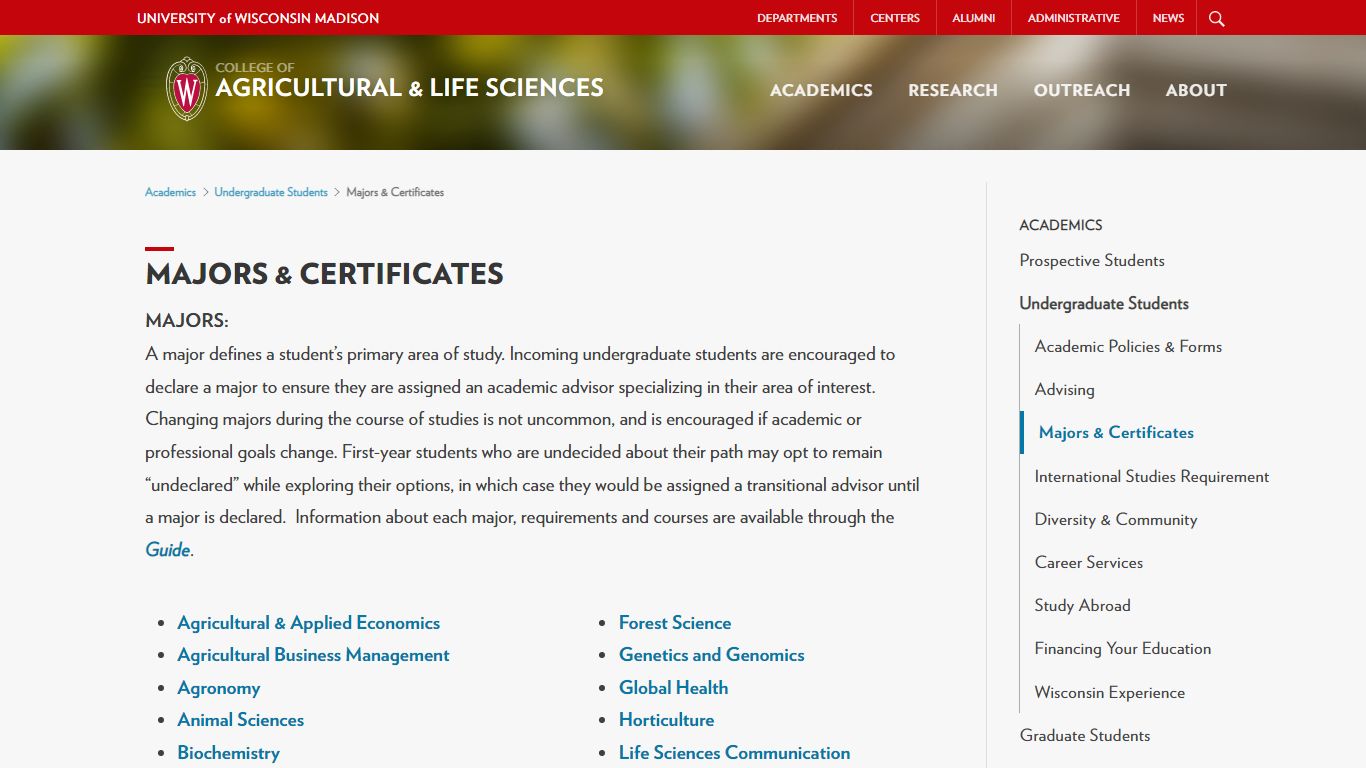 Majors & Certificates – Agricultural & Life Sciences